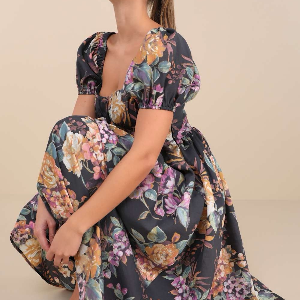 Lulu's Black Floral Midi Dress with Pastel Blooms - Picture 3 of 12